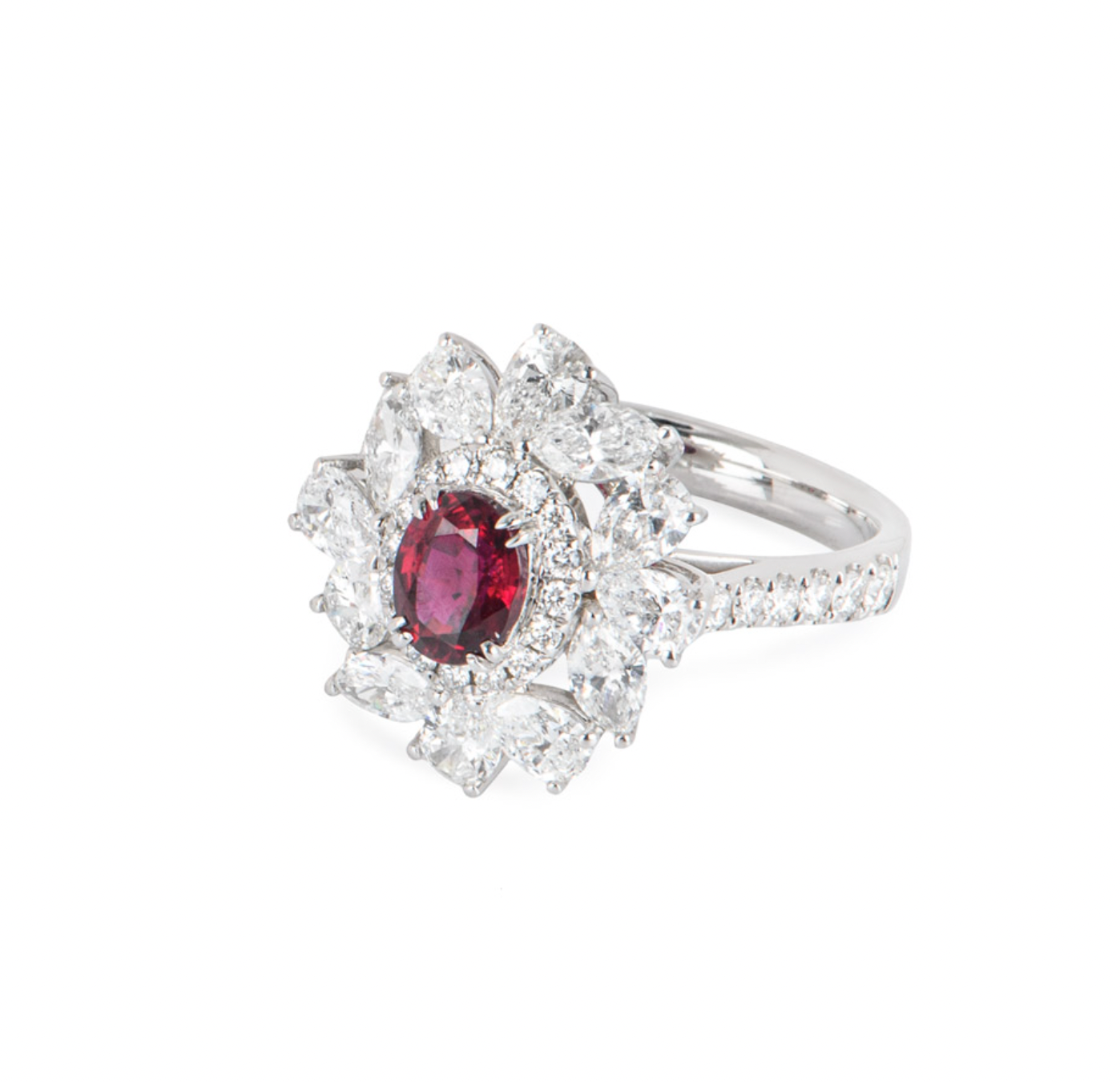 18ct white gold, white diamond & ruby ring 0.87ct 52