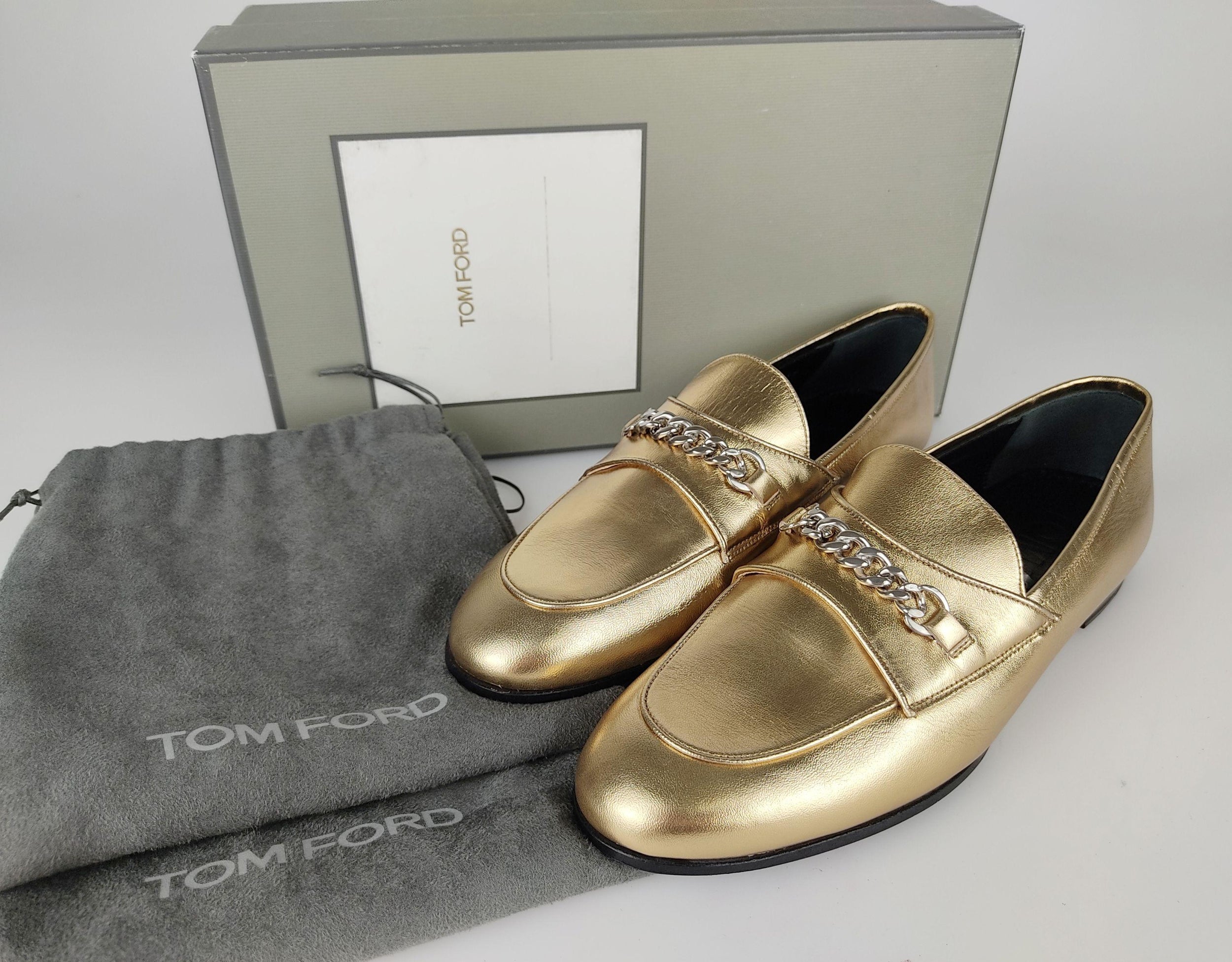 Gold leather chain embellished flat loafers