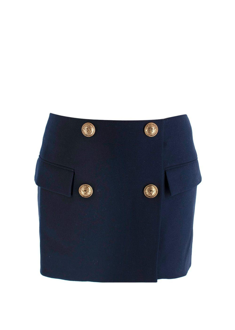 Balmain Navy Double Breasted Effect Wool Mini Skirt