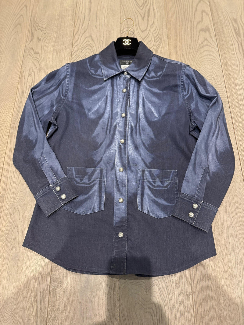 Chanel Blue Denim Shirt with CC Embossed Buttons