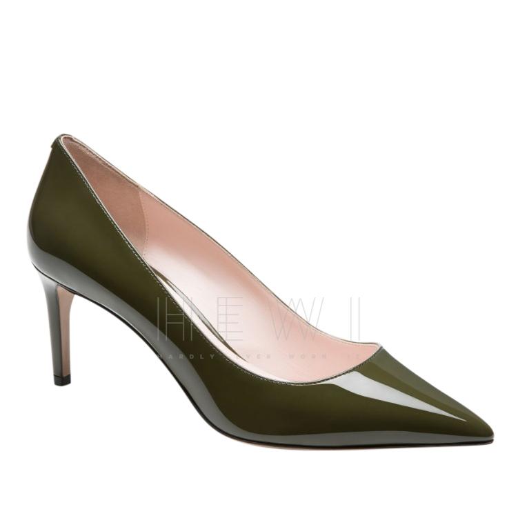 Bally Khaki Mid Heel Patent Pumps
