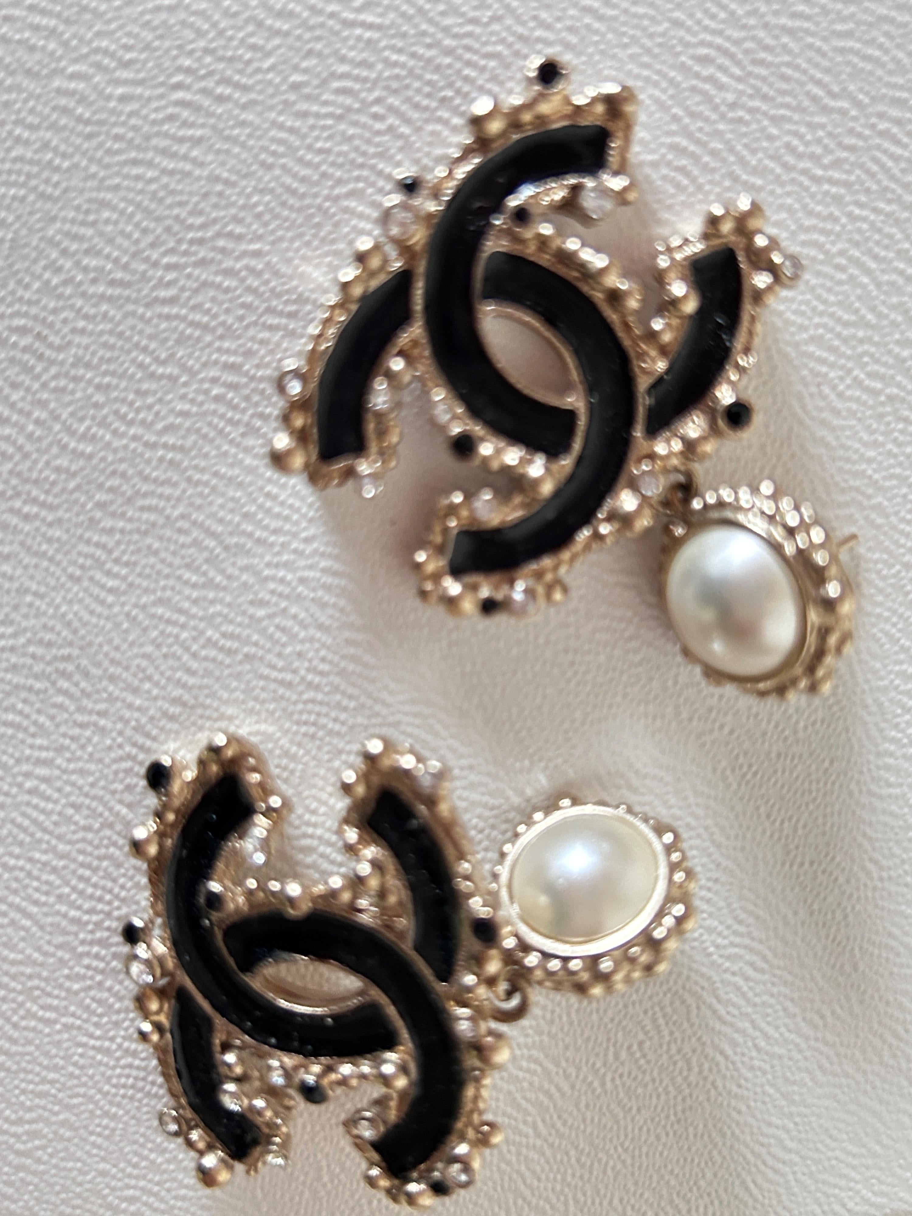 Chanel Black Double CC Earrings with Faux Pearl Detail
