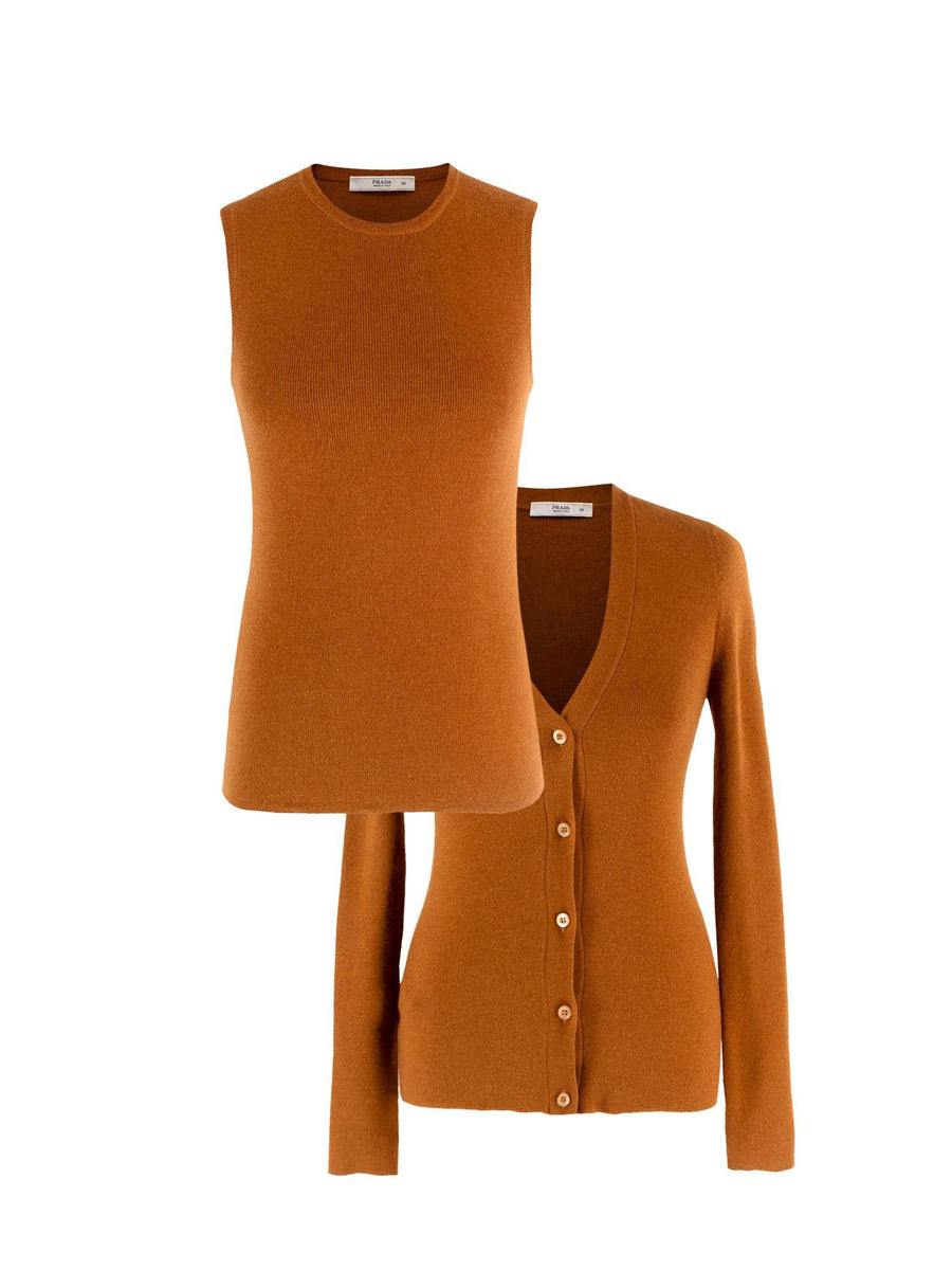 Prada Rust Silk And Cashmere Blend Top And Cardigan Set