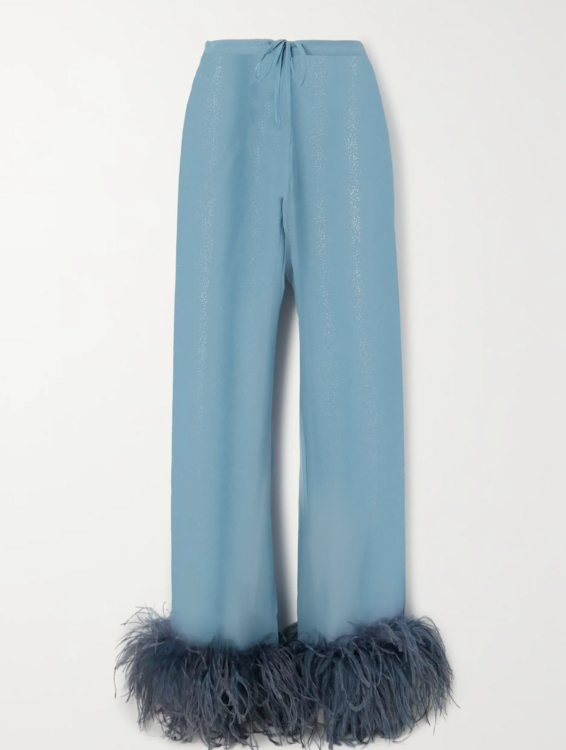 OSÉREE Lumière Feather-Trimmed Glittered Chiffon Straight-Leg Pants