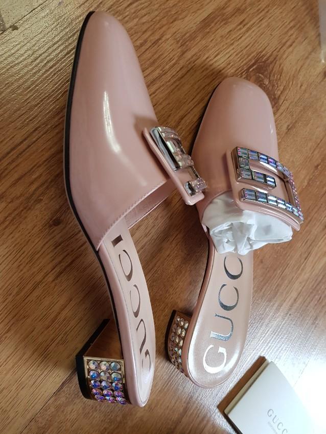 Gucci Nude Crystal Embellished Square G Mules
