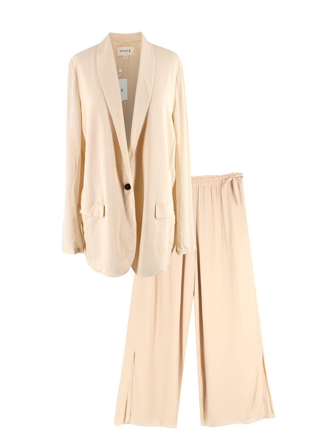 Icicle Beige Silk Blazer and Wide Leg Trouser Suit