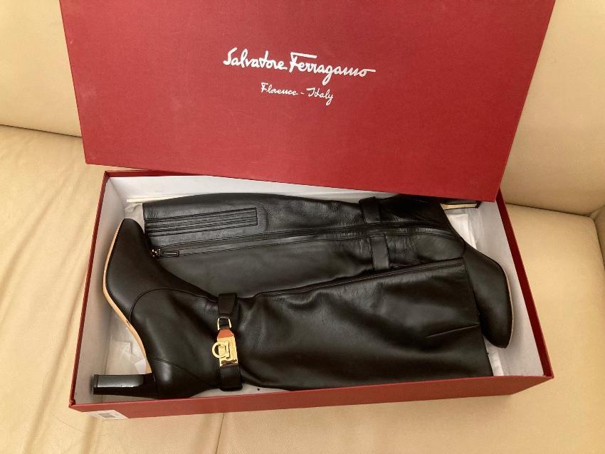 Ferragamo Black Leather Gancini Buckle Knee Boots