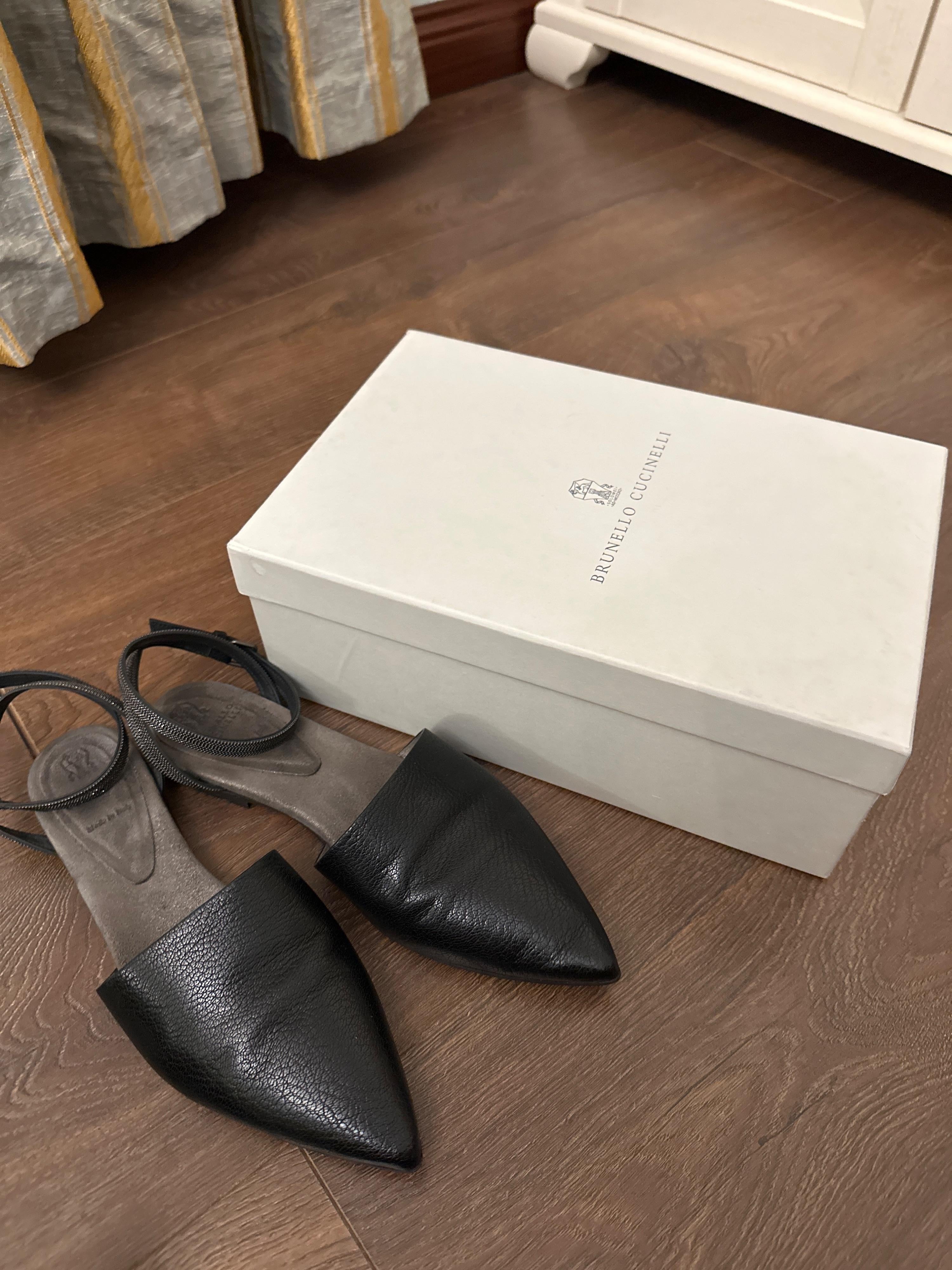 Brunello Cucinelli Black Monili Ankle Wrap Flats