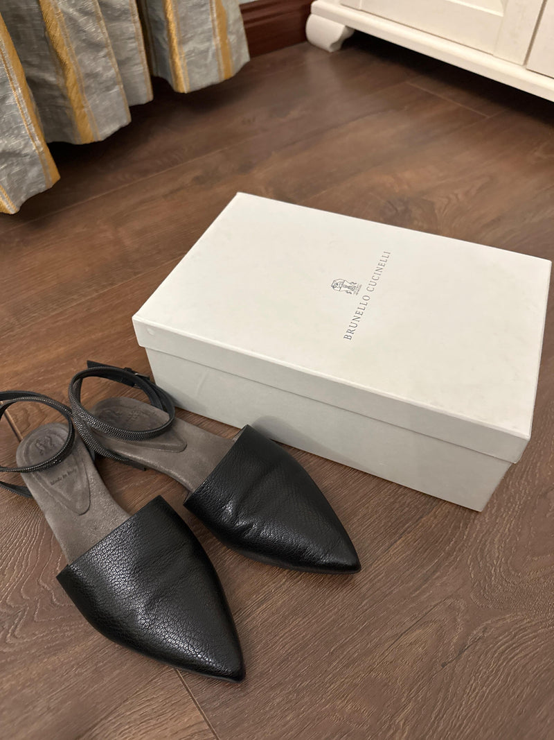 Brunello Cucinelli Black Monili Ankle Wrap Flats