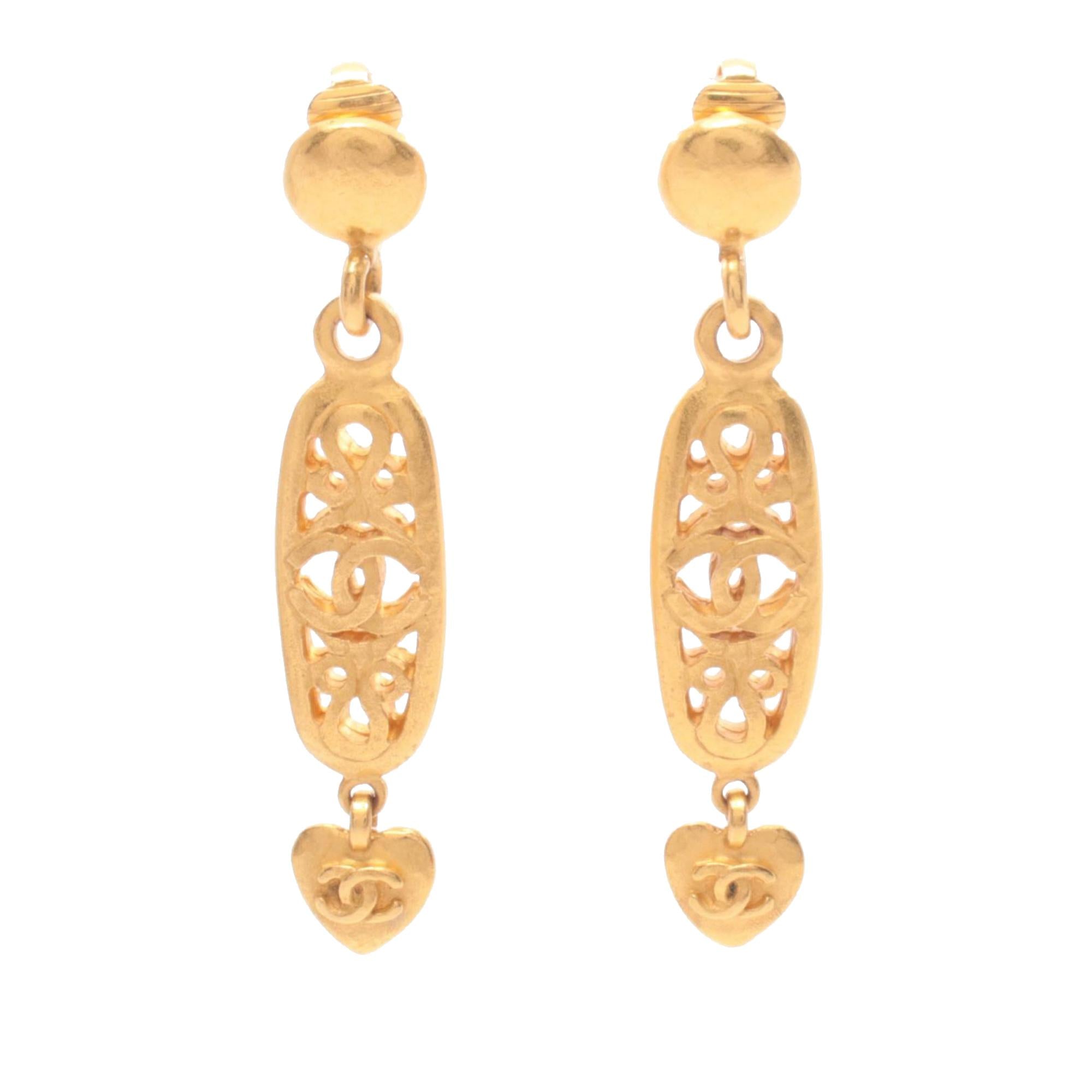 Chanel Gold Plated Heart Drop Clip on Earrings