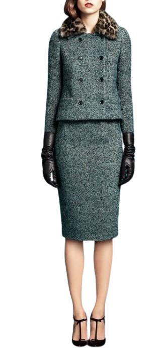 Gucci Green Alpaca & Wool Tweed Suit with Removable Mink Fur Collar