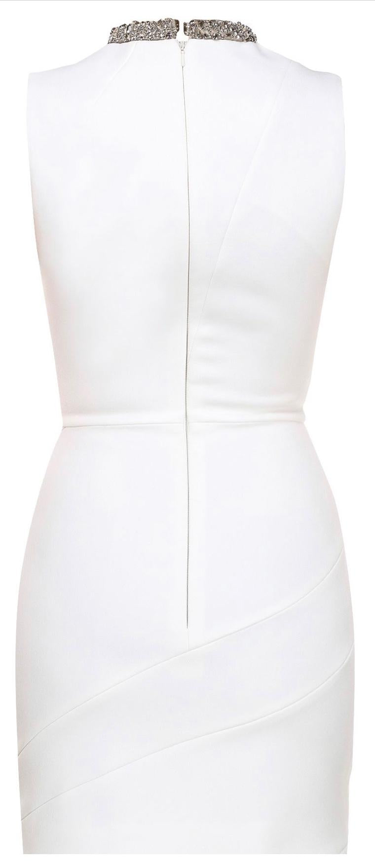 Victoria Beckham White Matte Crepe Jewelled Neck Dress