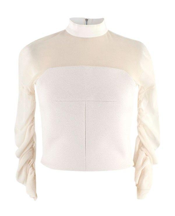 Balenciaga White Sheer Panel Ruched Sleeve High Neck Top