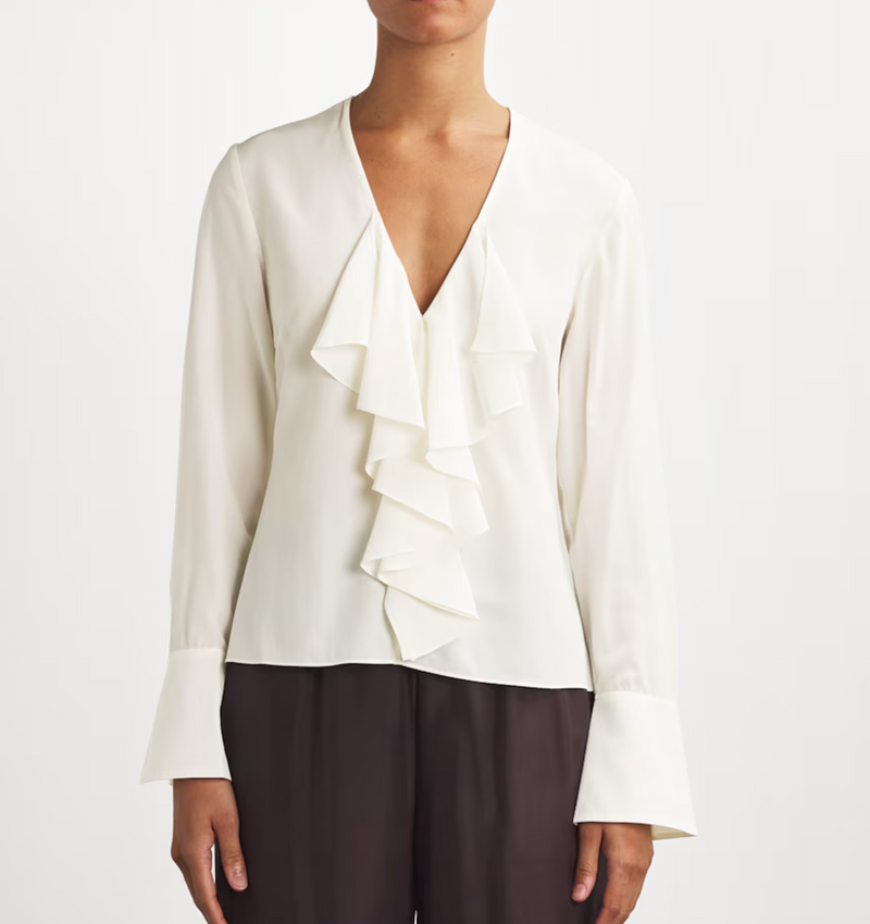 Frame Silk Ruffle-Neck Blouse