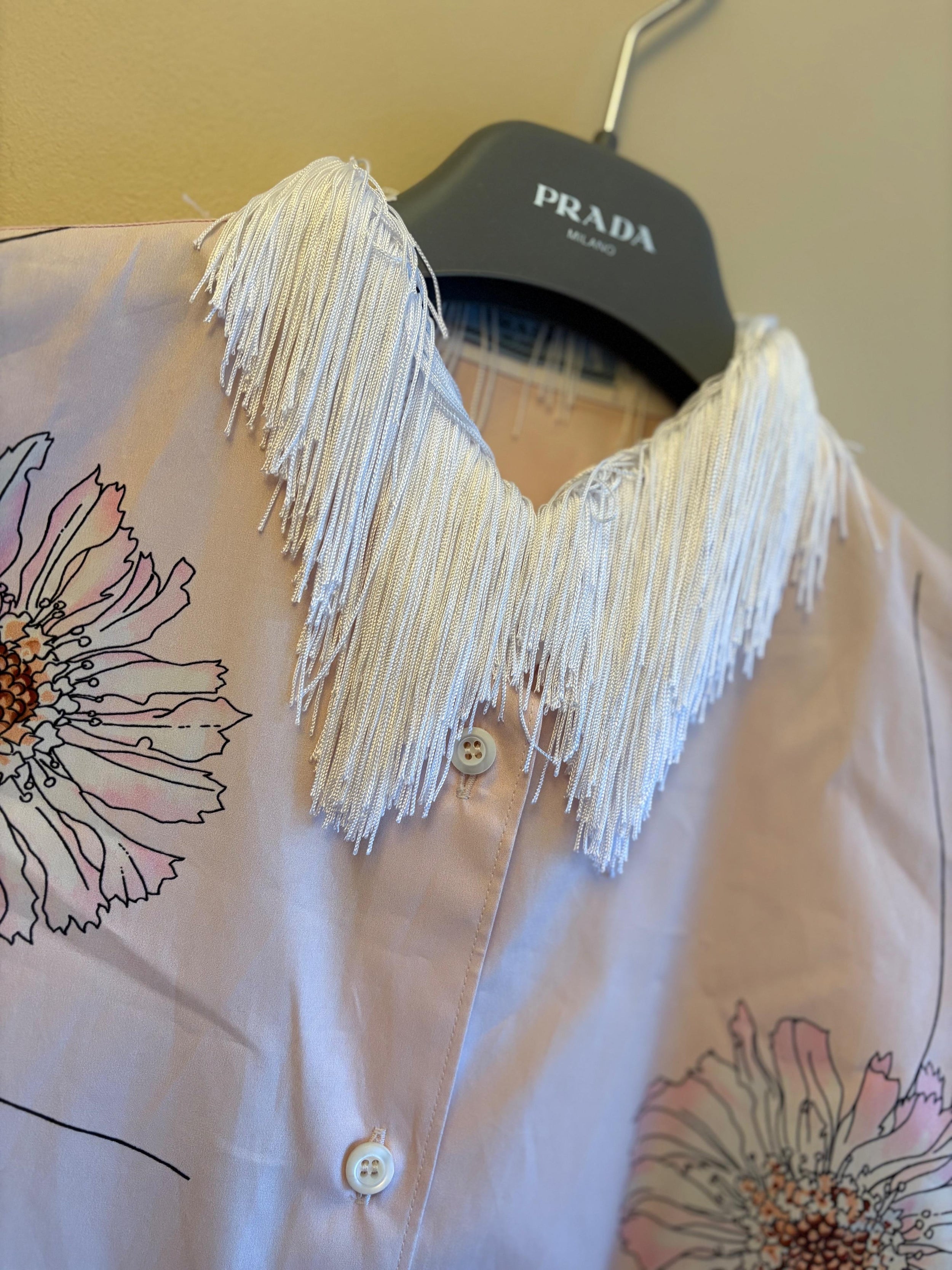Prada Gerbera Print Fringe Collar Cotton Shirt