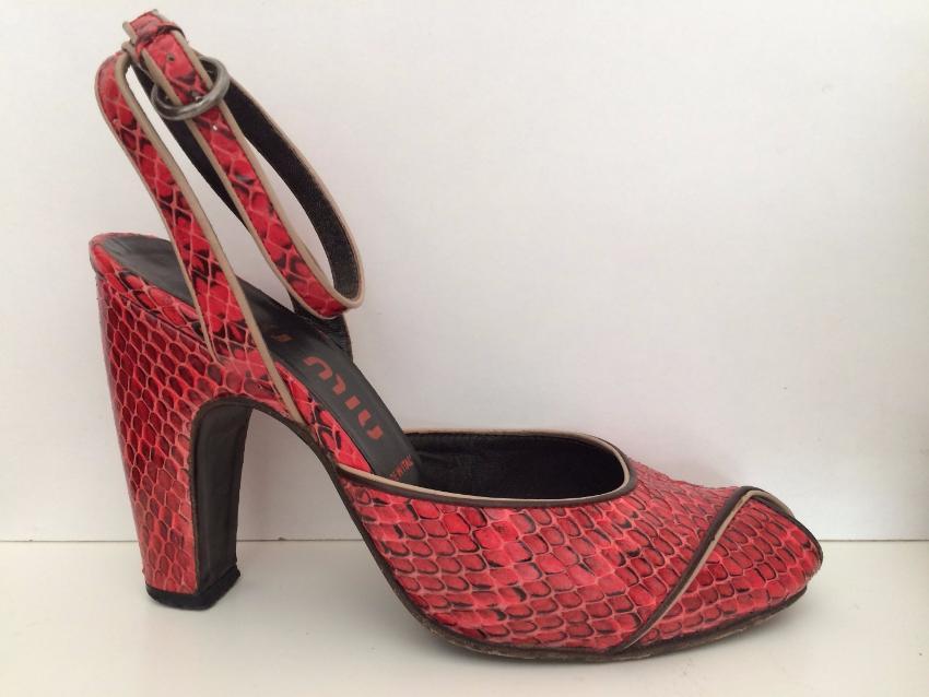MIU MIU Red and Black Python Peep-Toe High Heeled Sandals