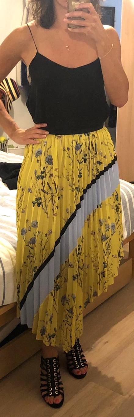Self Portrait Yellow Asymmetric Pleated Floral Skirt