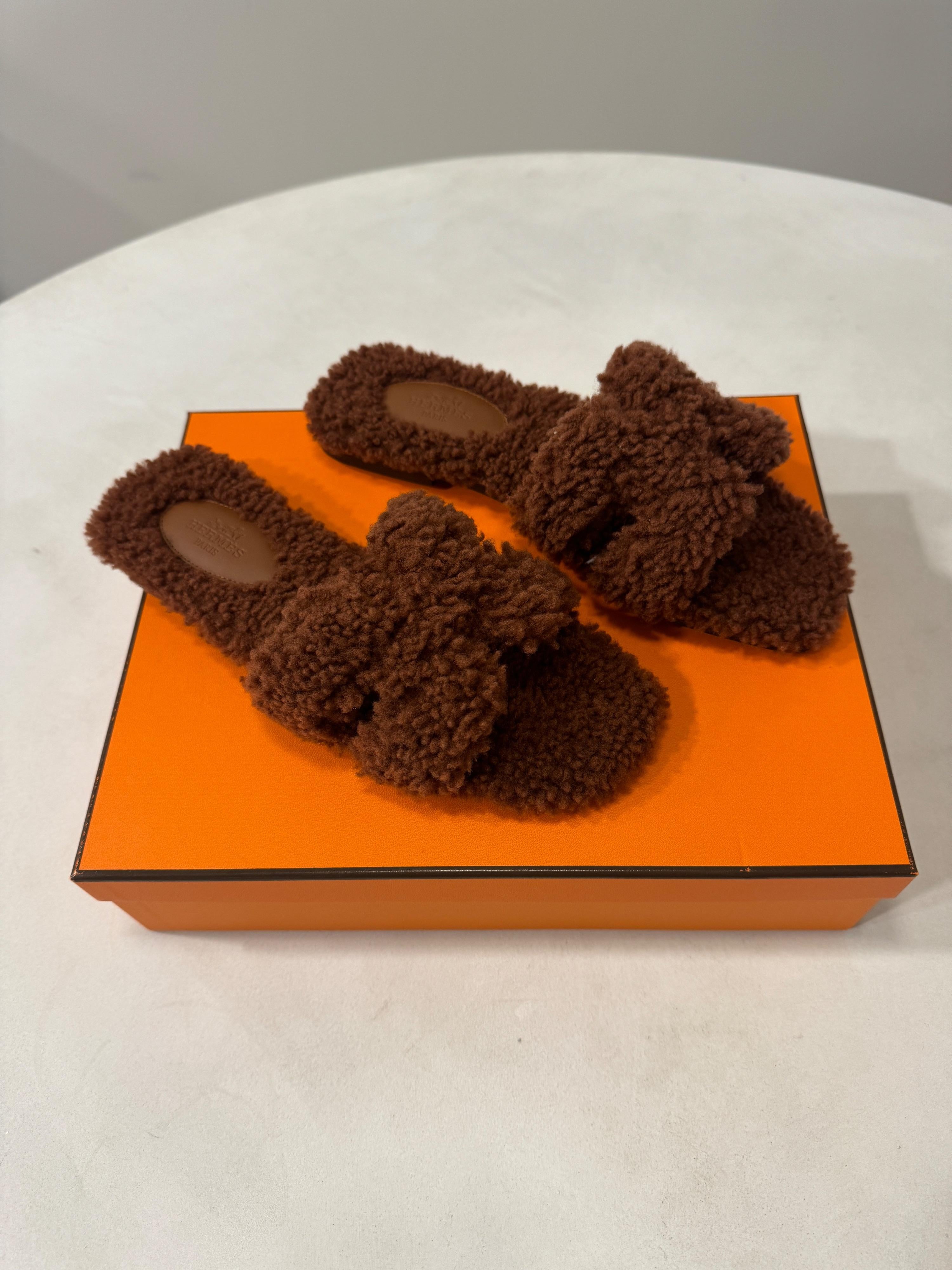 Hermes Cognac Fluffy Oran Sandals