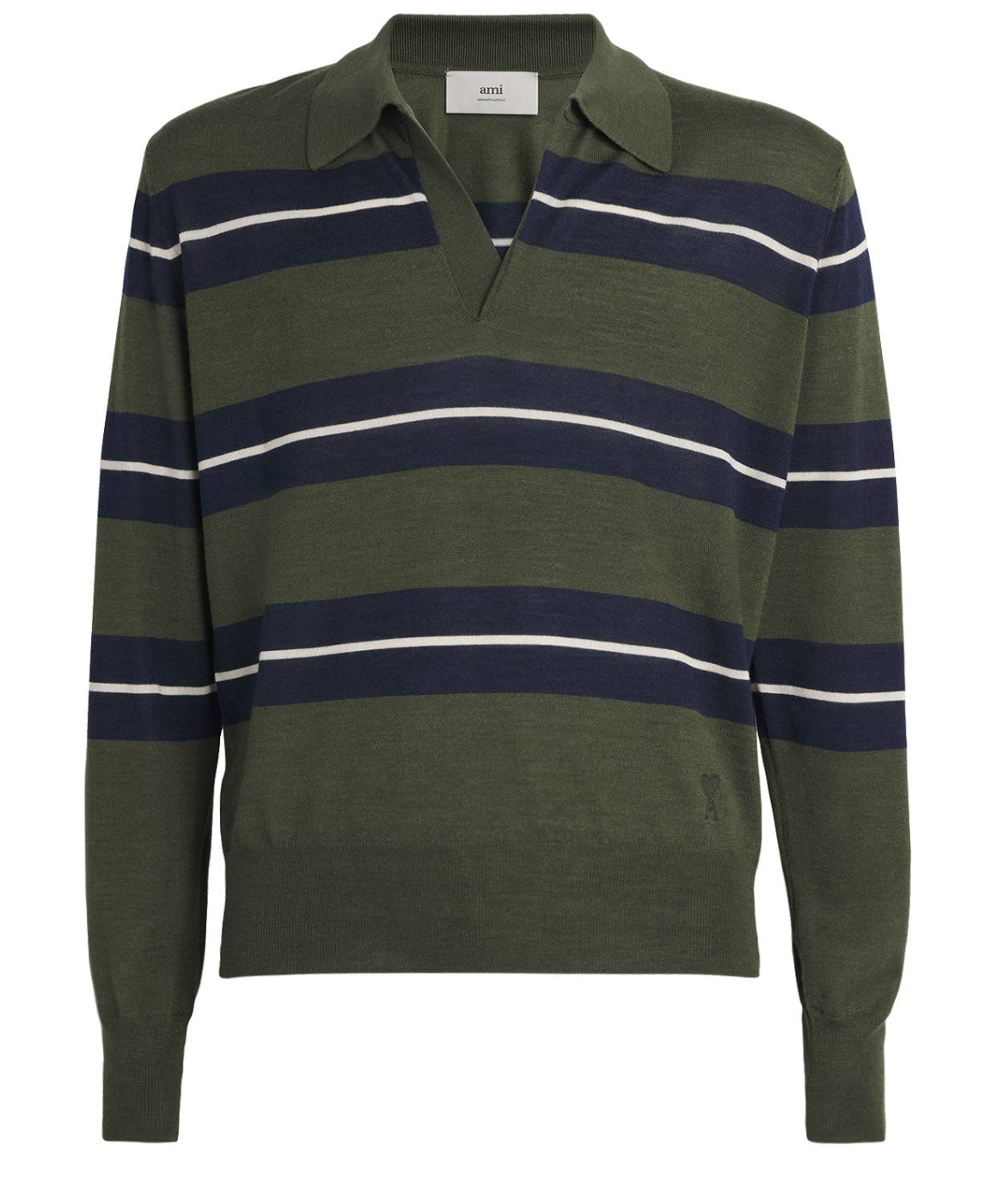Ami Paris Green Wool-Silk Stripe Polo Shirt