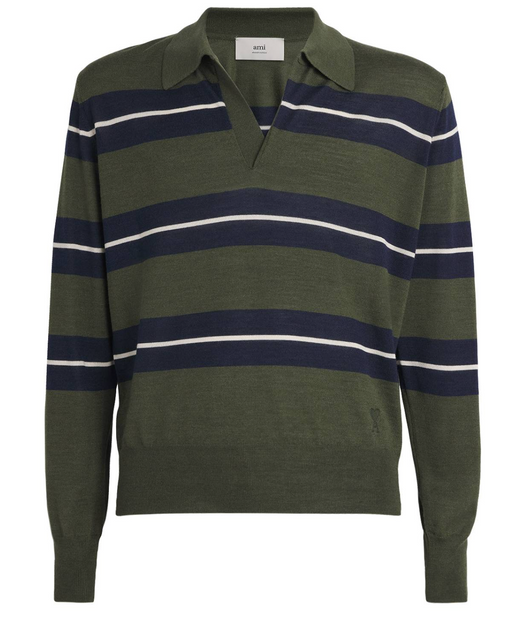 Ami Paris Green Wool-Silk Stripe Polo Shirt