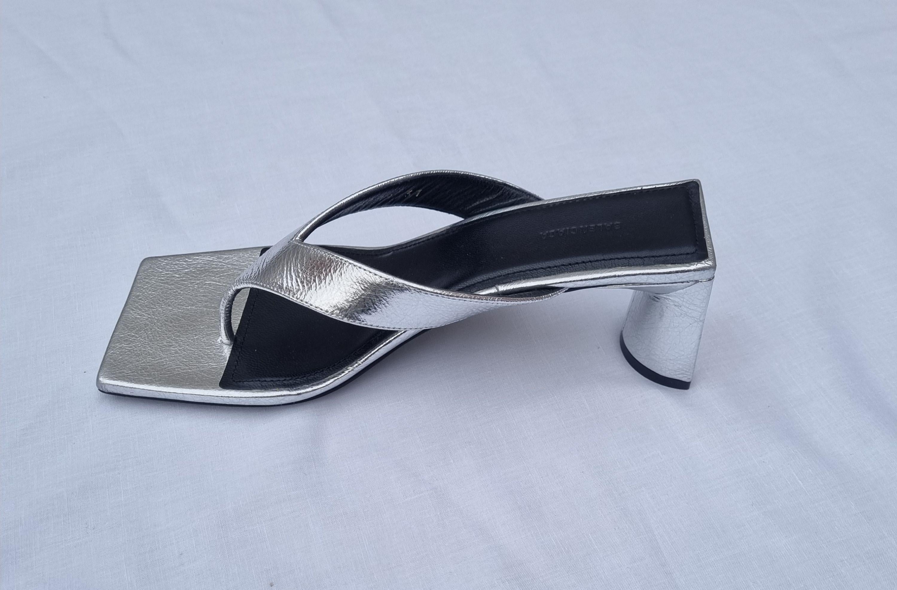 Metallic Silver Leather Square Toe Thong Heeled Sandals