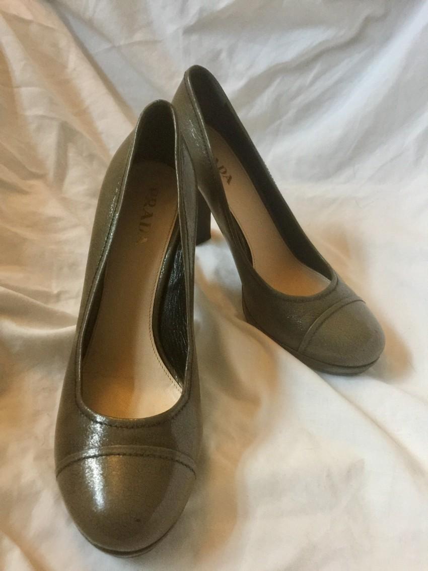 Prada Taupe Round Toe Patent Leather Pumps