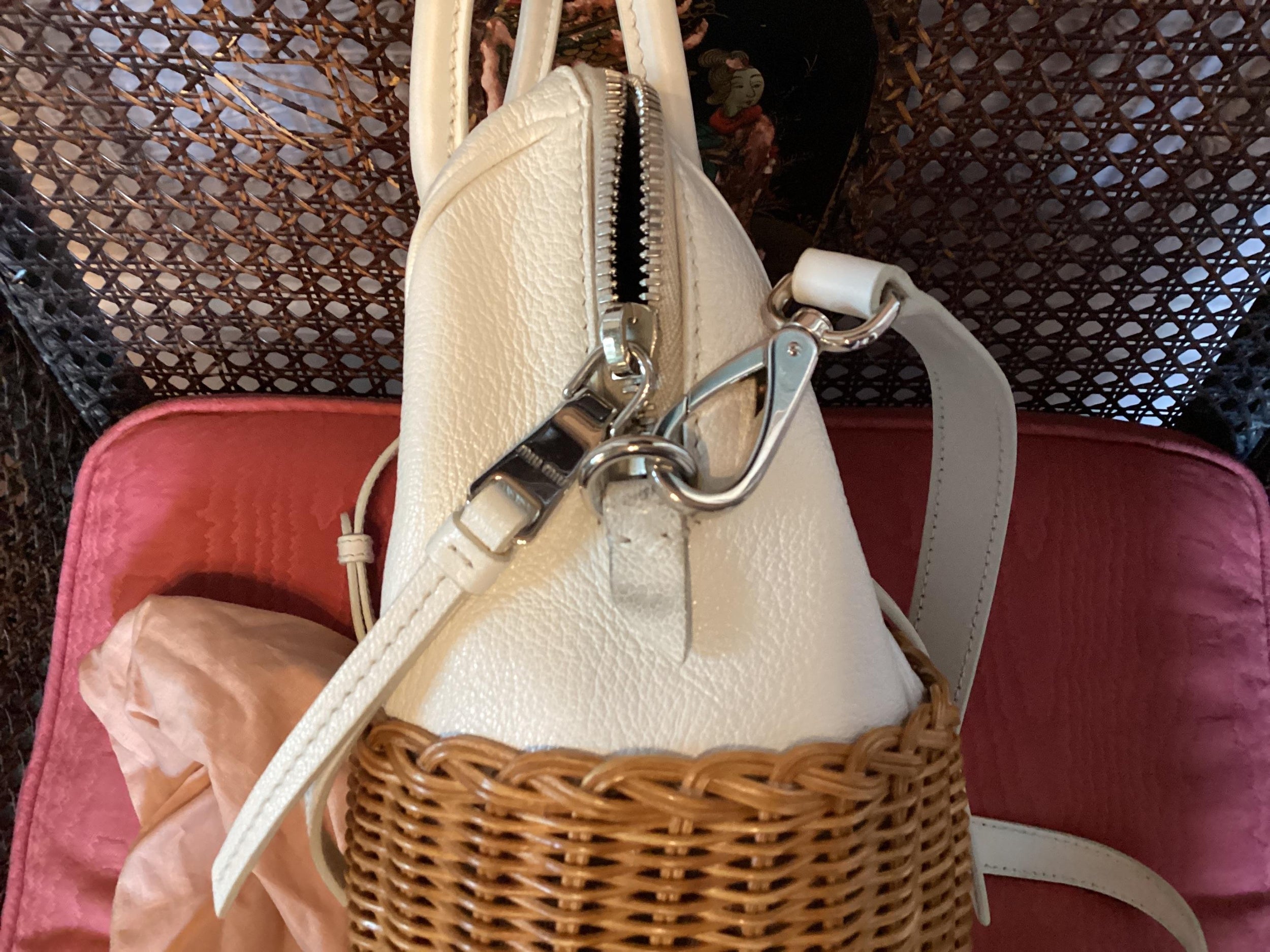 Miu Miu White Midollino Leather and Raffia Top Handle Bag