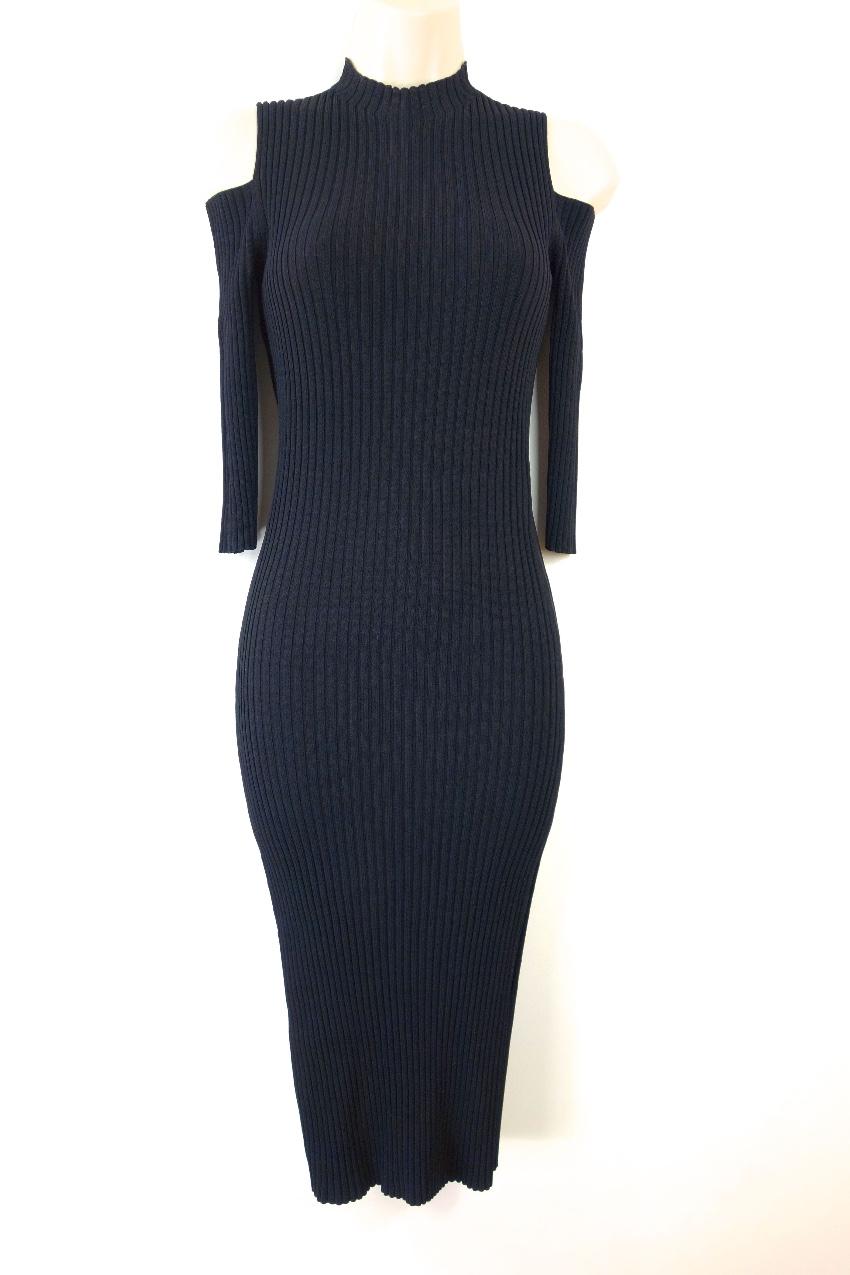 Maje Black Ribbed Knit Cold Shoulder Dress