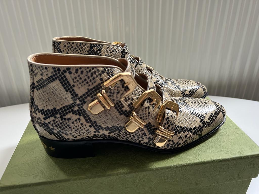Gucci Neutral Snake-Effect Leather Ankle Boots