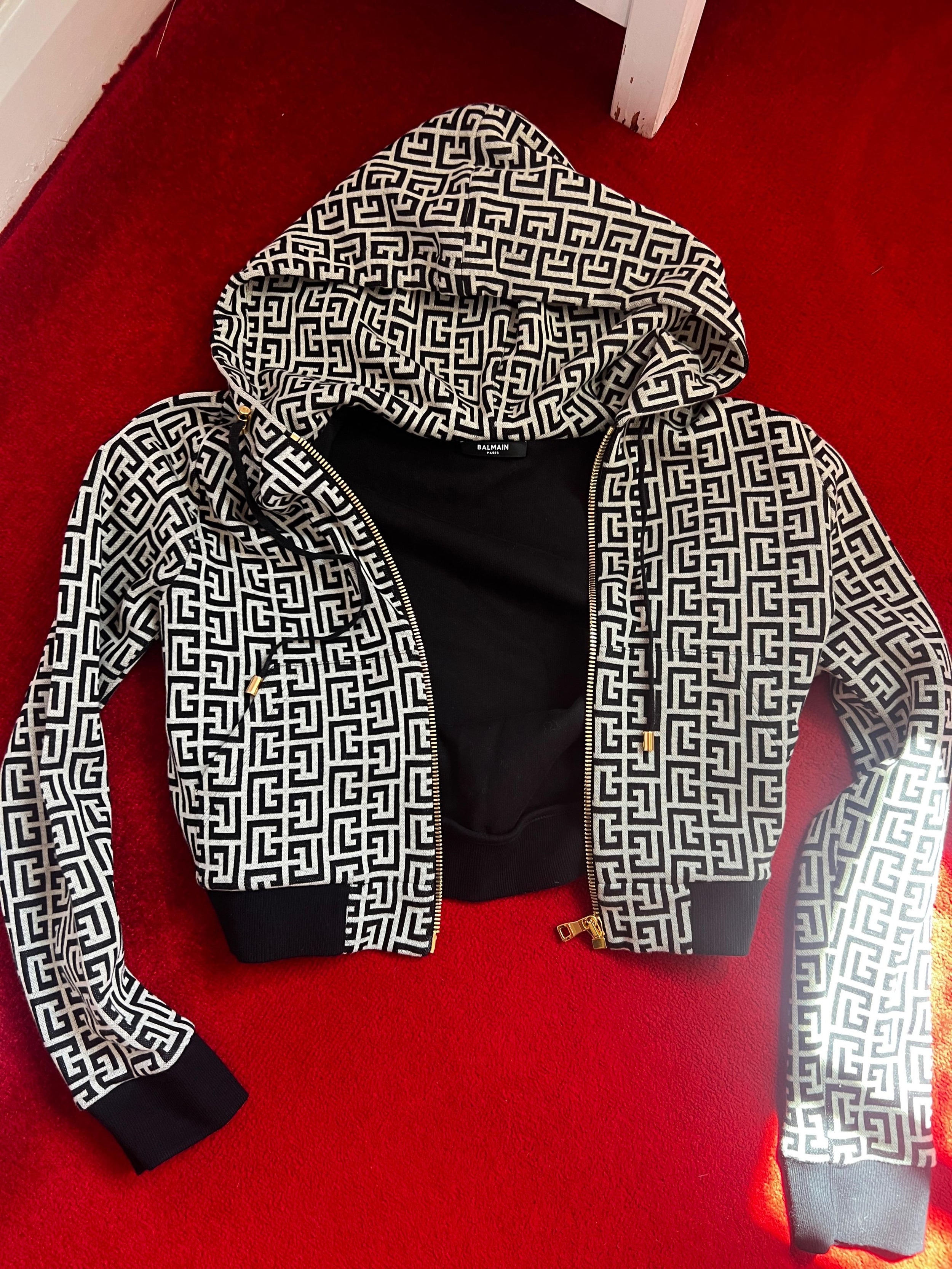 Monogram Printed Cropped Zip Up Hoodie