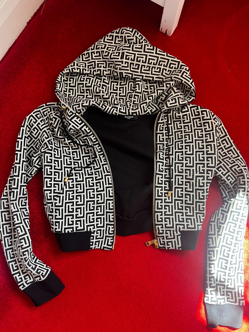 Monogram Printed Cropped Zip Up Hoodie