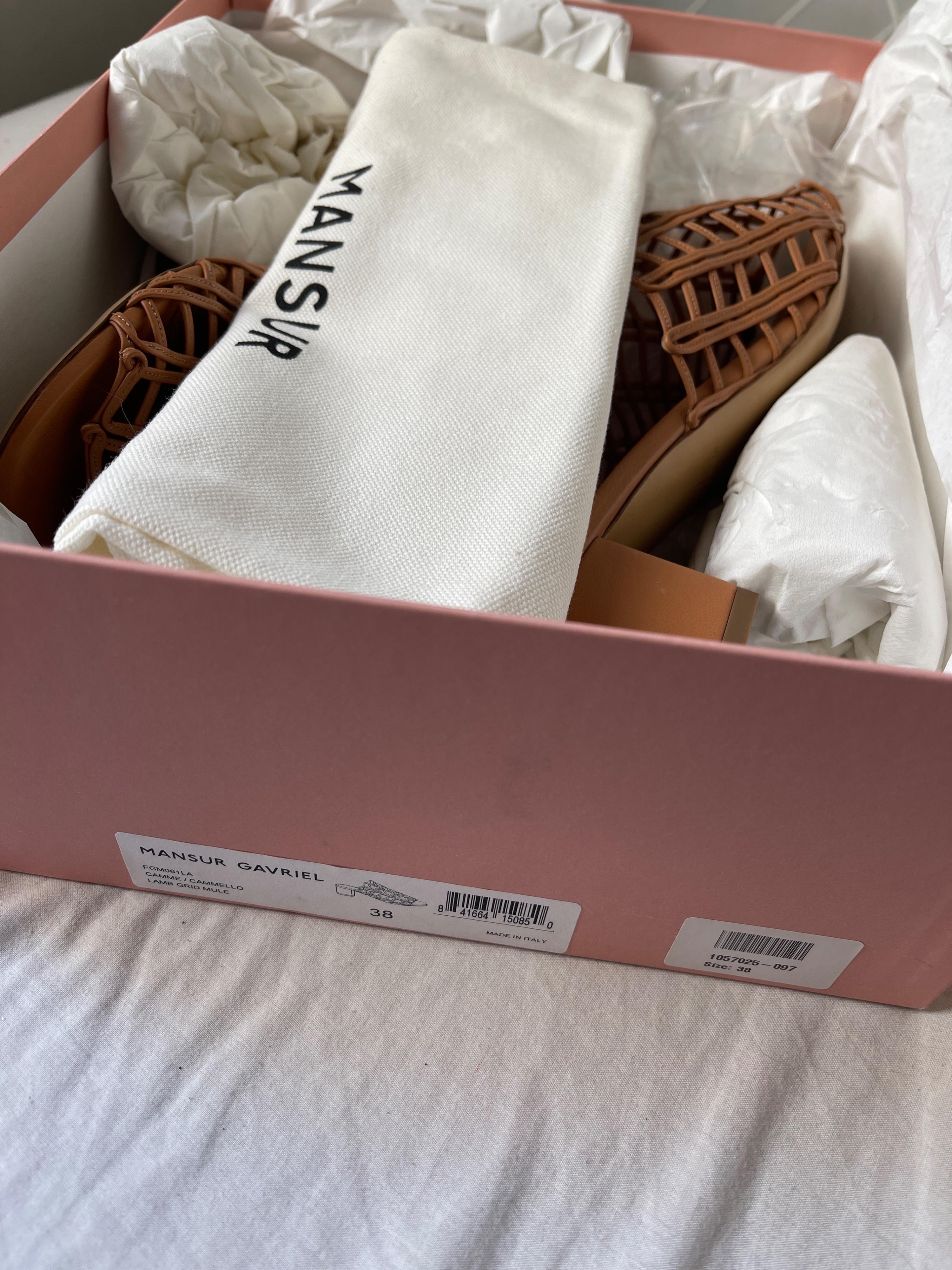 Tan woven leather block heeled mules