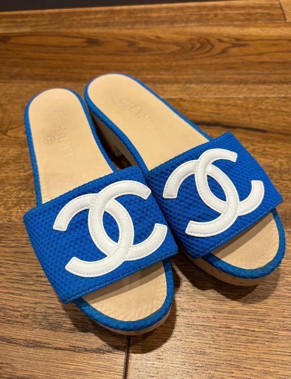 Chanel Blue Fabric CC Slides