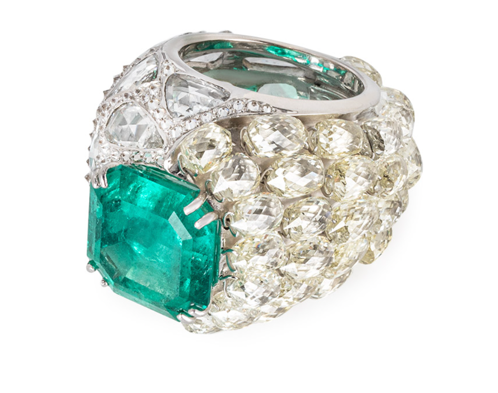 Diamond & Emerald 18ct White Gold - Size 52