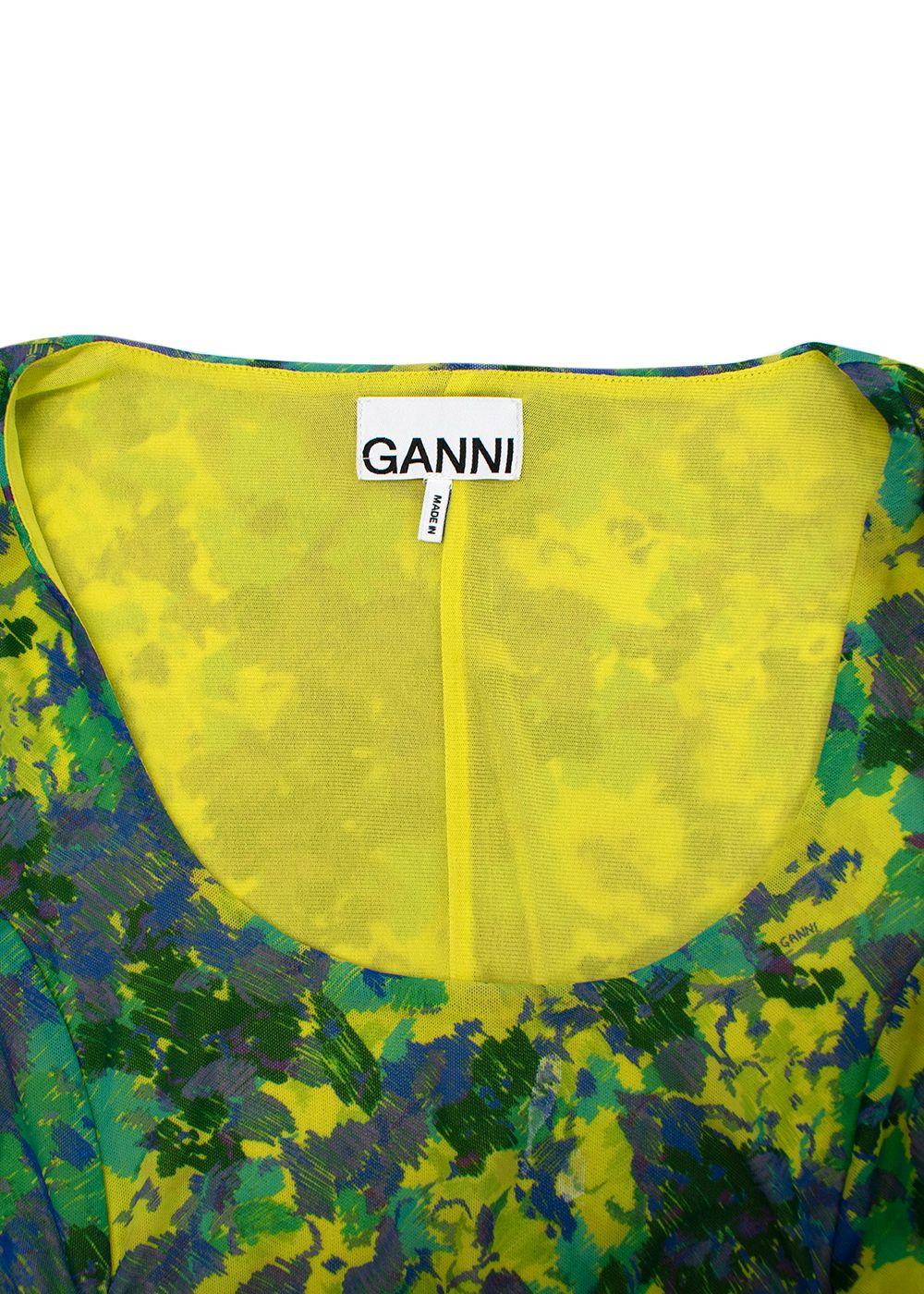 Ganni Multicoloured Rushed Mesh Midi Dress