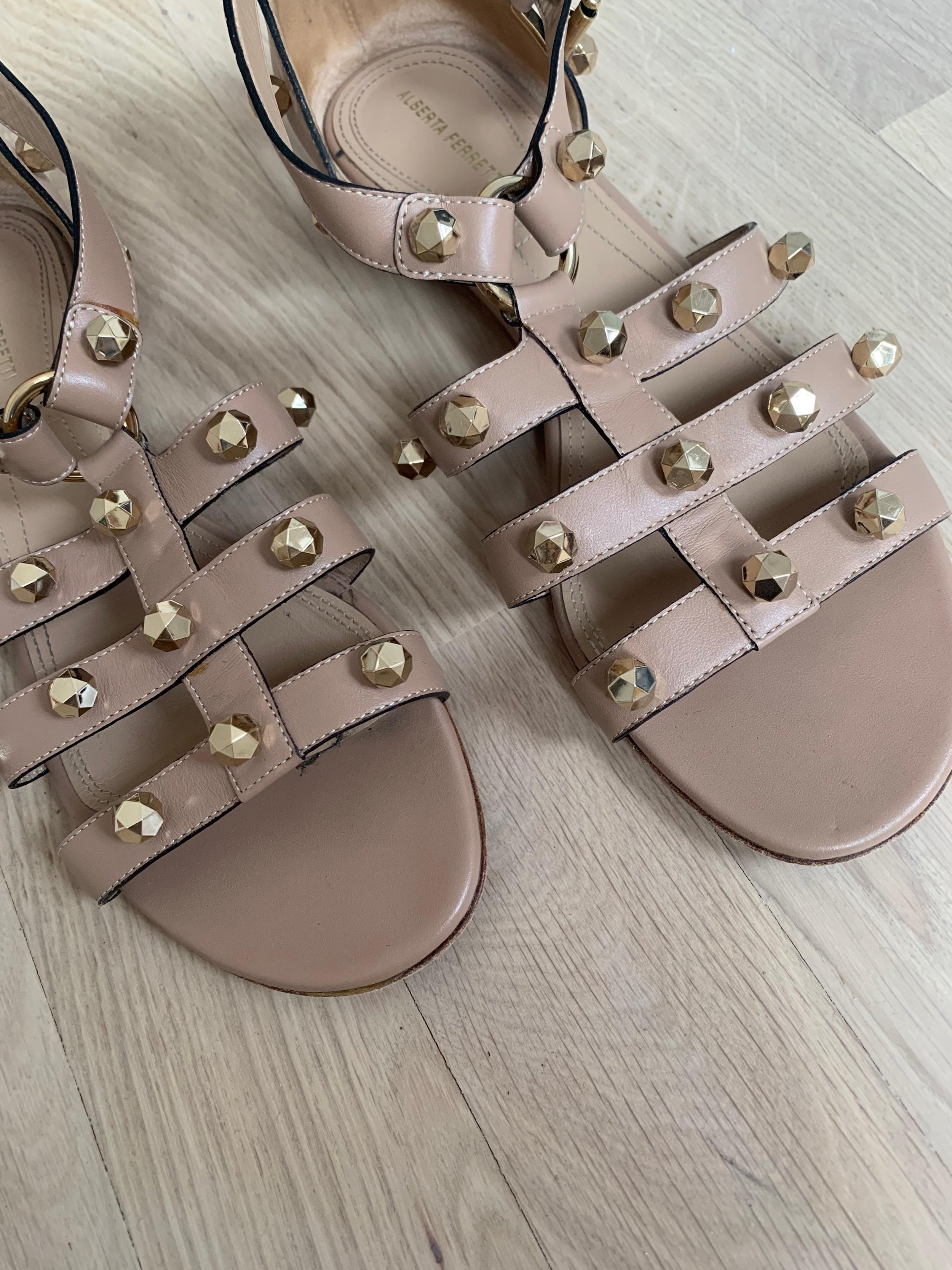 Nude Leather Studded Gladiator Sandals