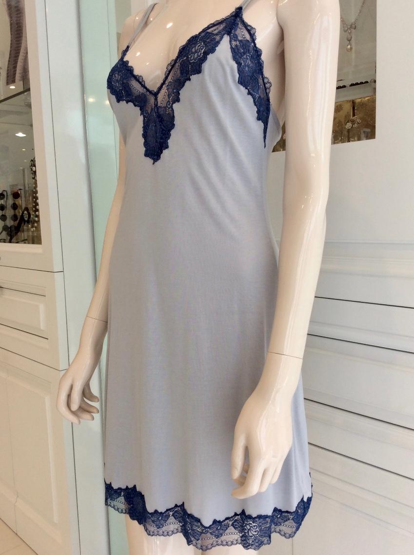Cotton Club Soft Grey & Blue Leavers Lace Lounge Dress