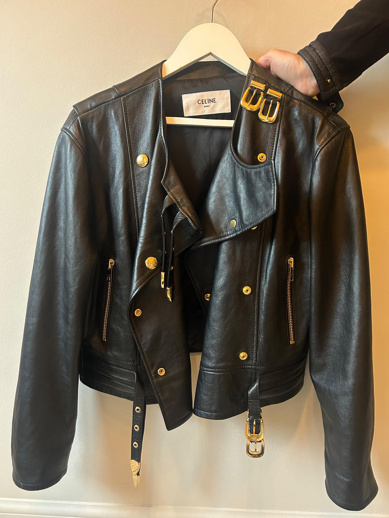 Celine Black Leather Buckle Detail Jacket