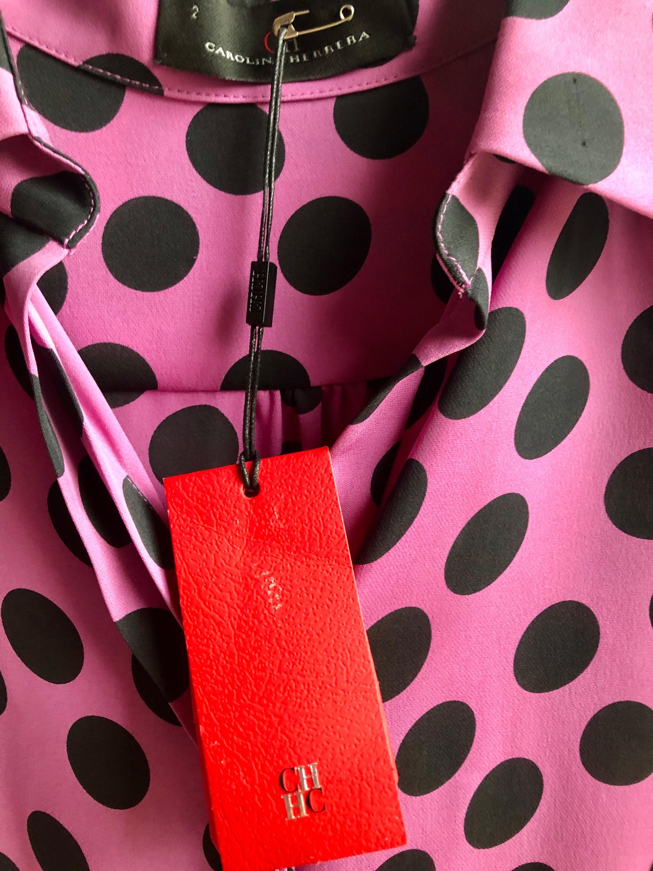 Pink And  Black Polka Dot Silk Blouse
