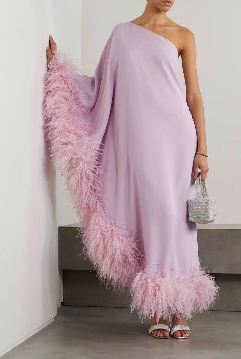 Ubud one-sleeve feather-trimmed crepe gown