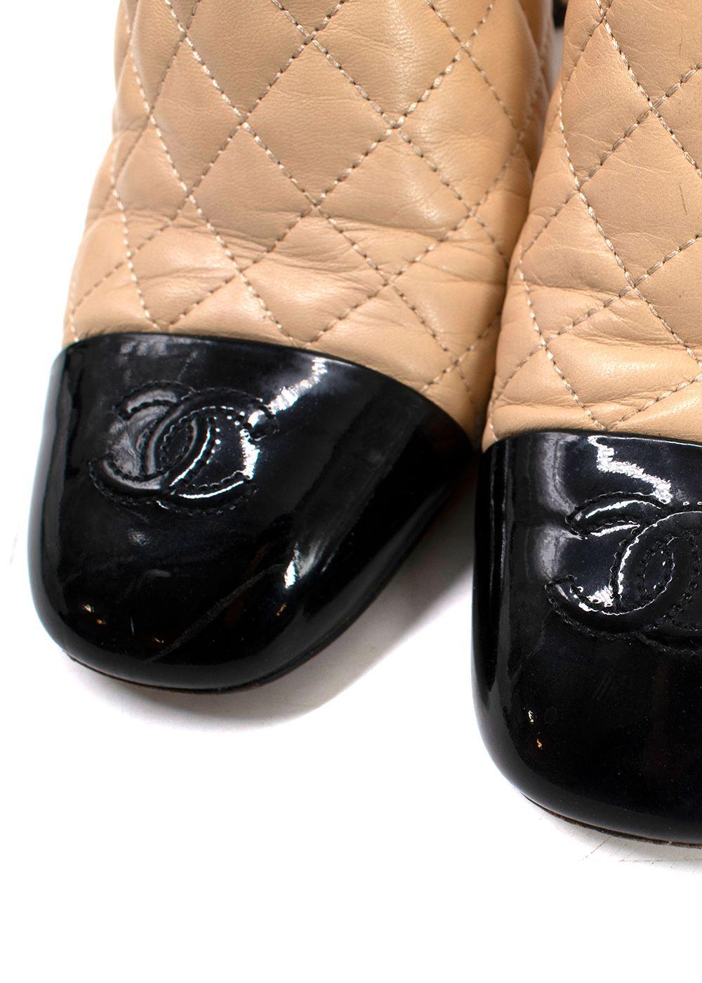 Chanel Beige Quilted Black Patent Cap-toe Mules