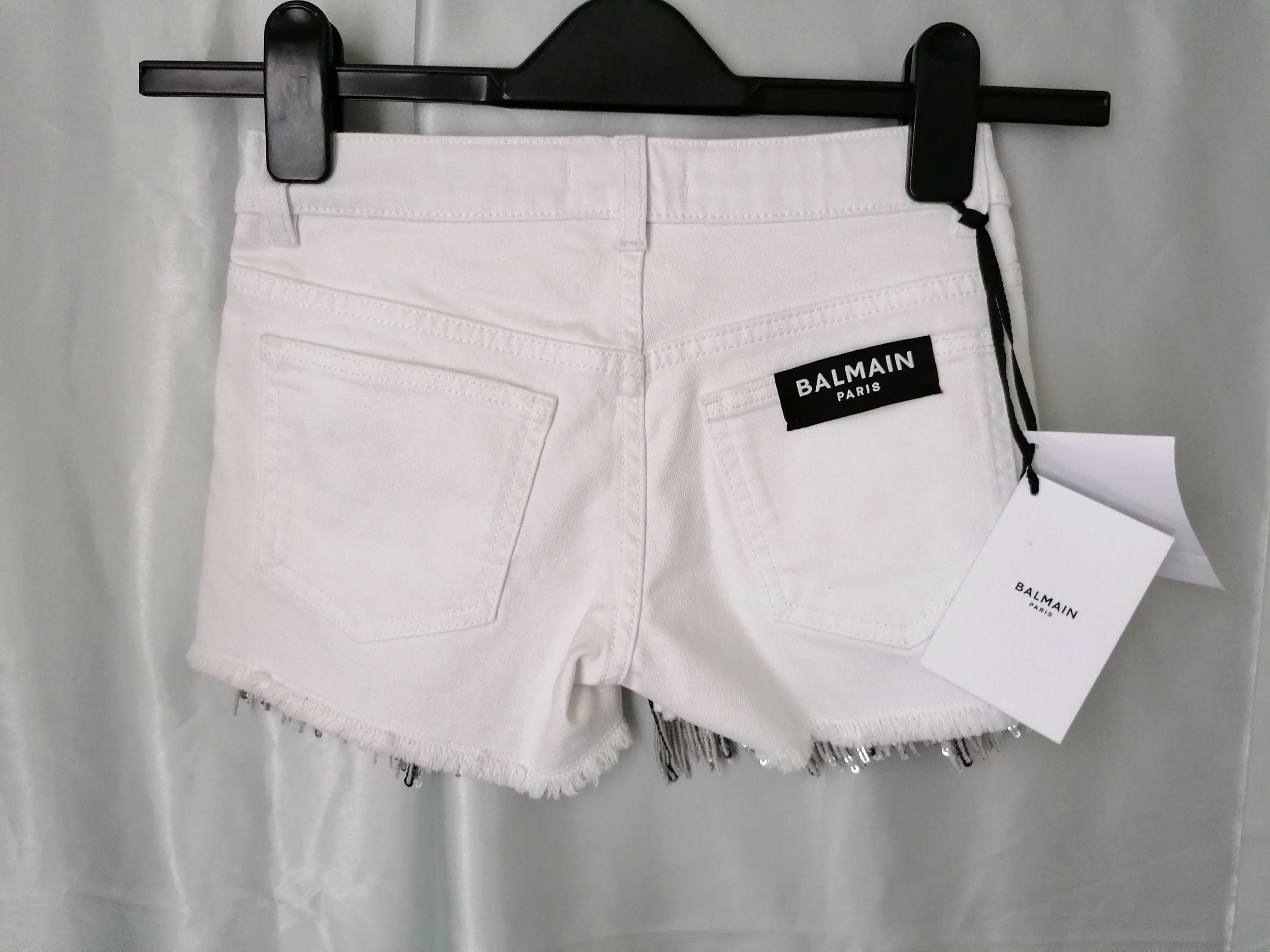 White Denim Sequin Fringed Shorts