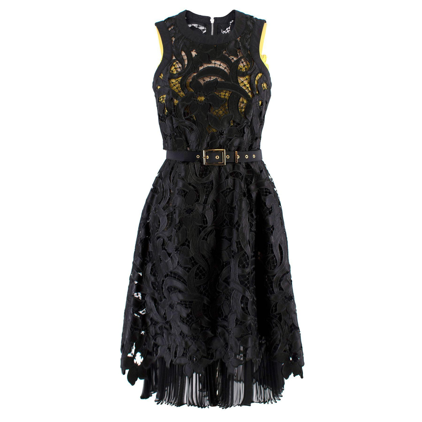 Sacai Black & Yellow Belted Floral Lace Dress
