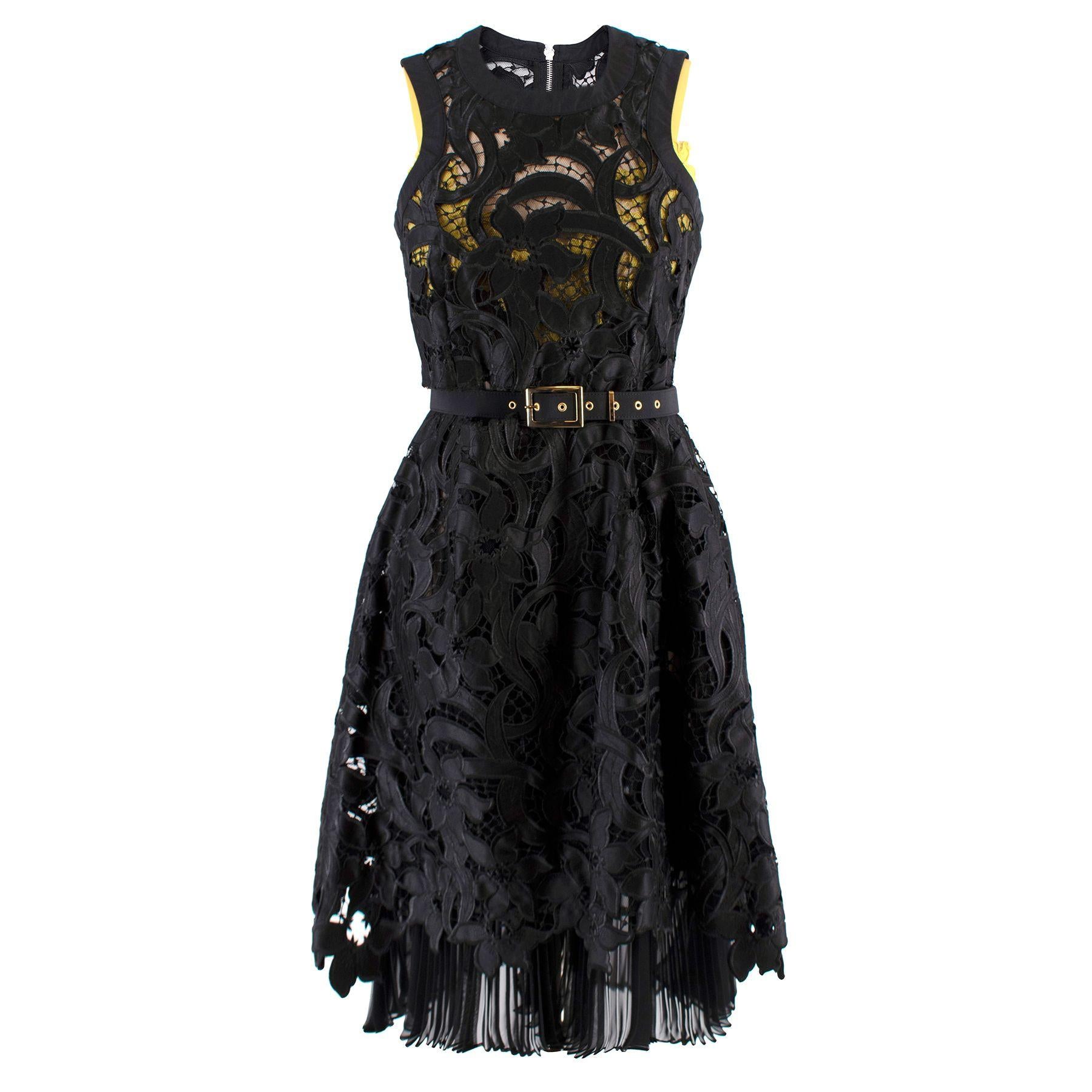 Sacai Black & Yellow Belted Floral Lace Dress