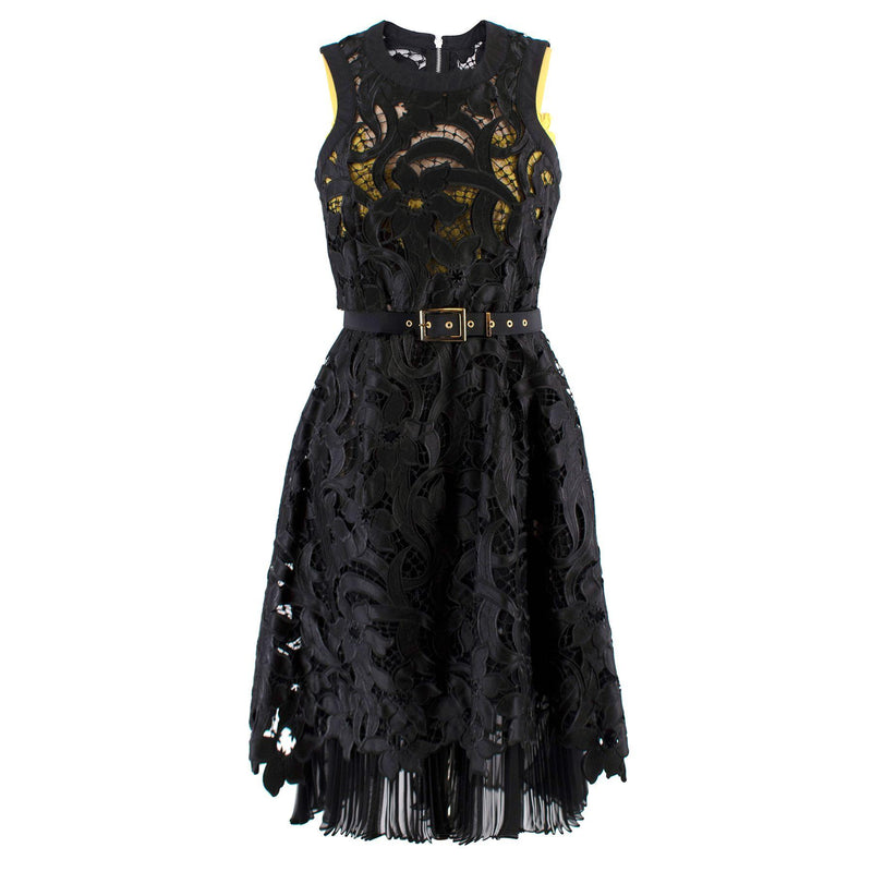 Sacai Black & Yellow Belted Floral Lace Dress