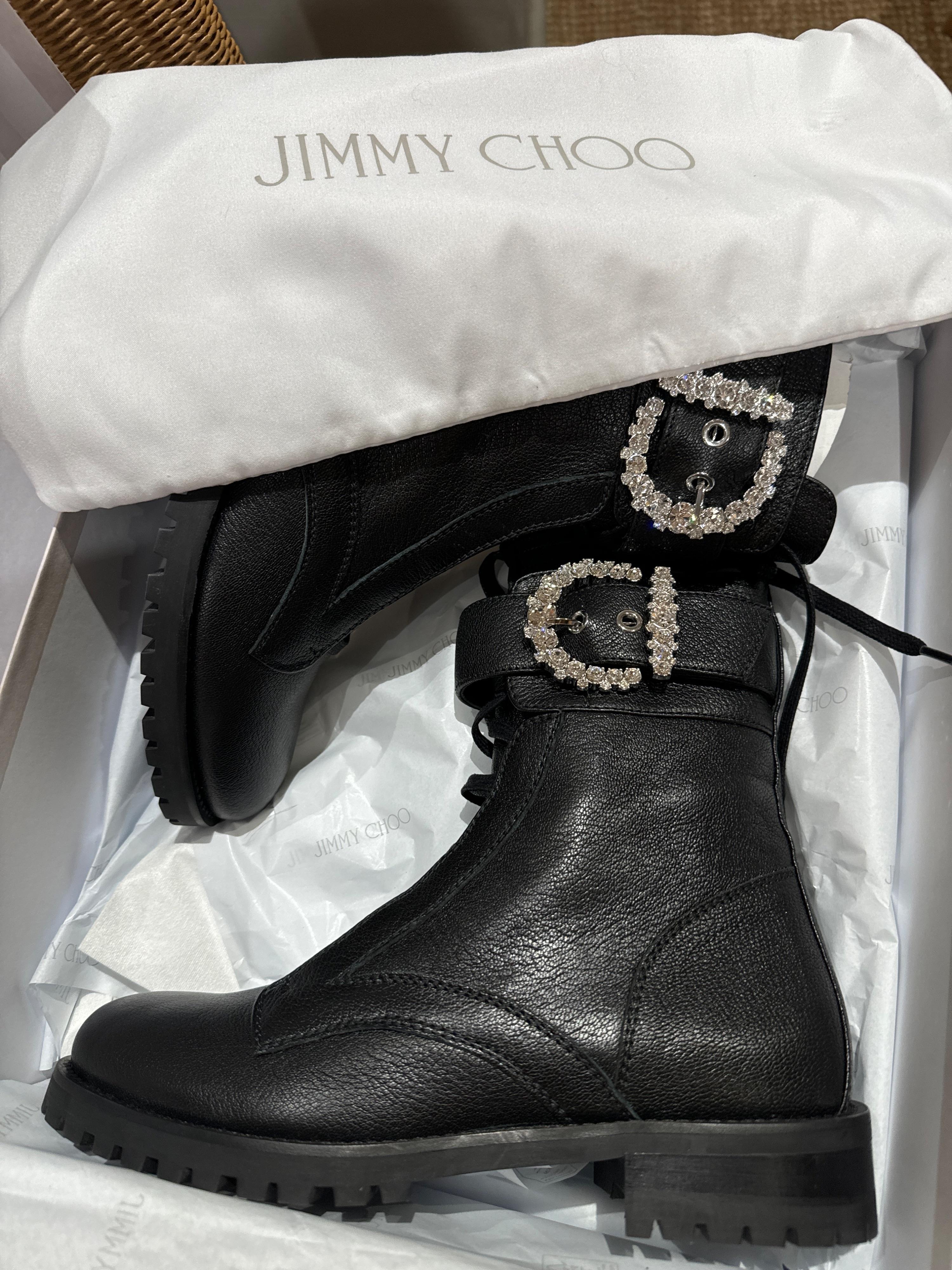 Crystal Embellished Buckle Black Leather Combat Boots