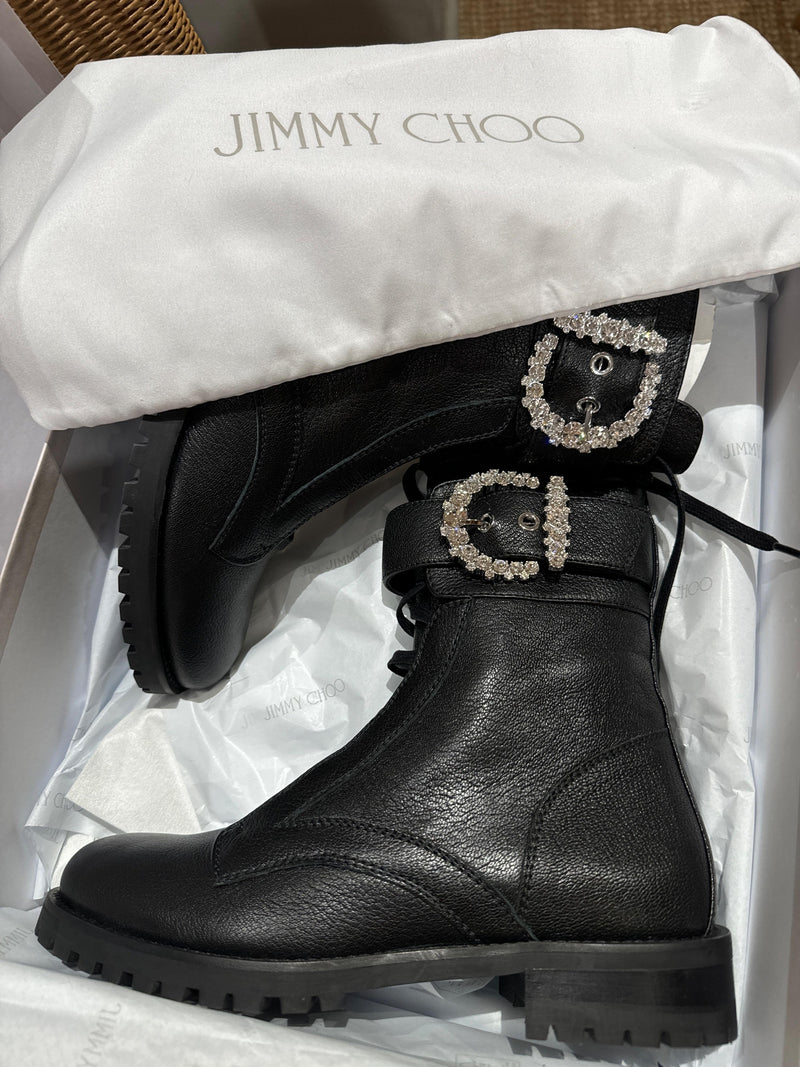 Crystal Embellished Buckle Black Leather Combat Boots