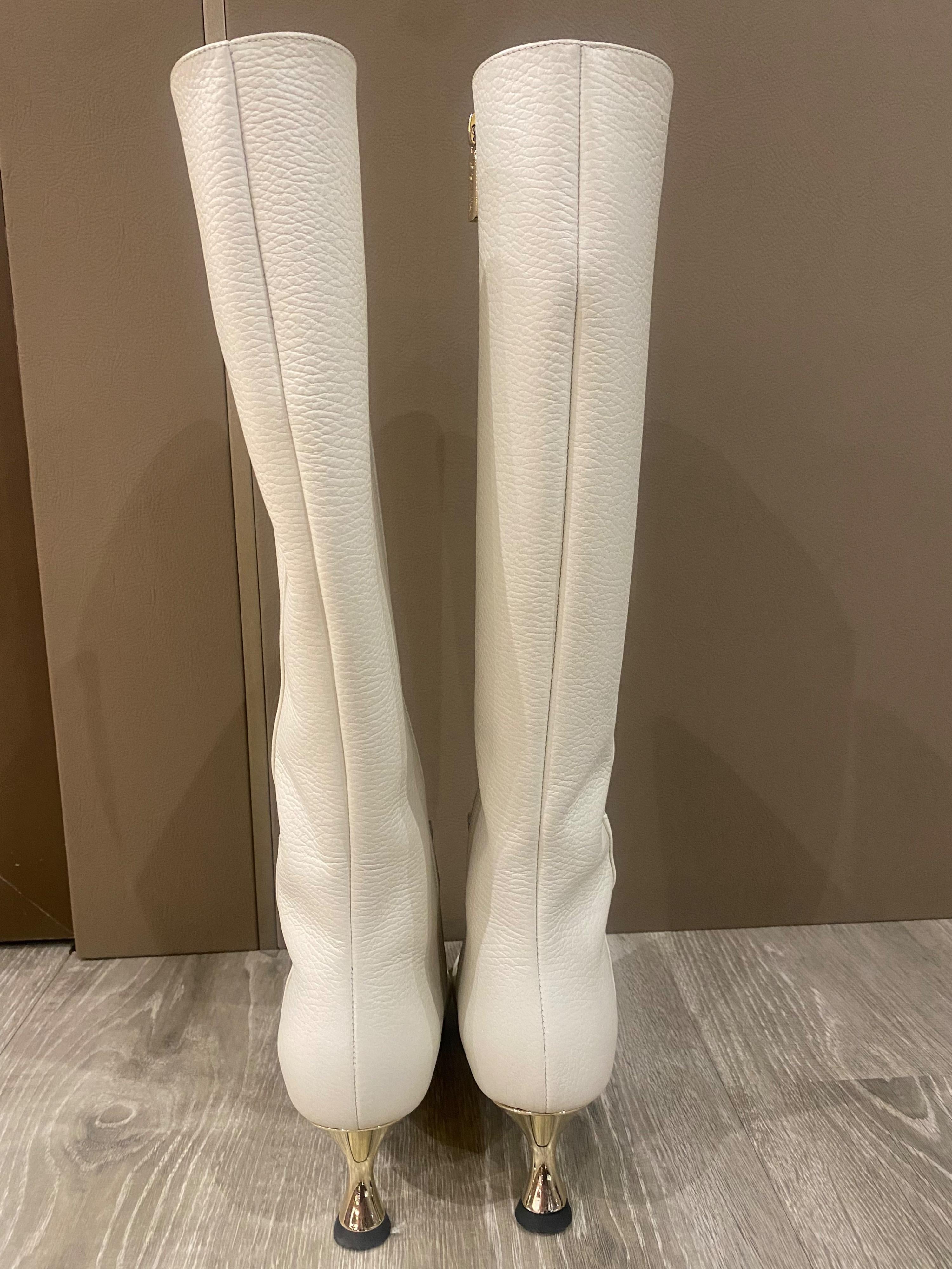 White Leather Heeled Long Boots