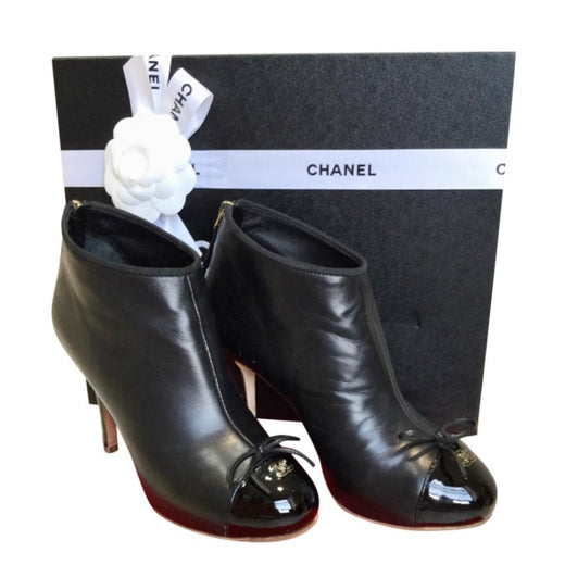Chanel Black Patent Cap Toe Leather Ankle Boots