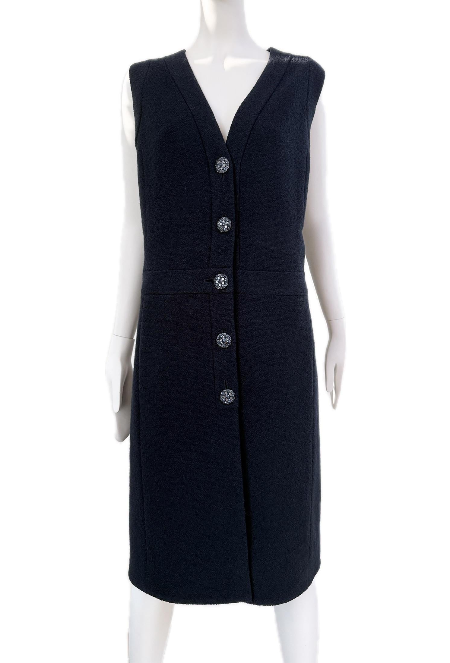 Chanel Navy Boucle Tweed Midi Dress  with Gripoix Jewel Buttons
